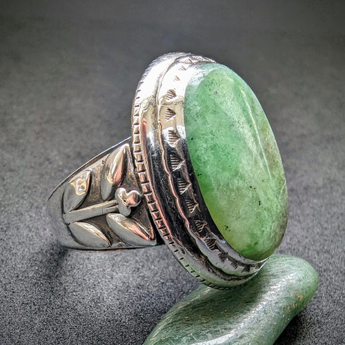 Antiker Jugendstil Ring Silber 900 Nephrit Jade Handarbeit alt c. 1920 RG 62