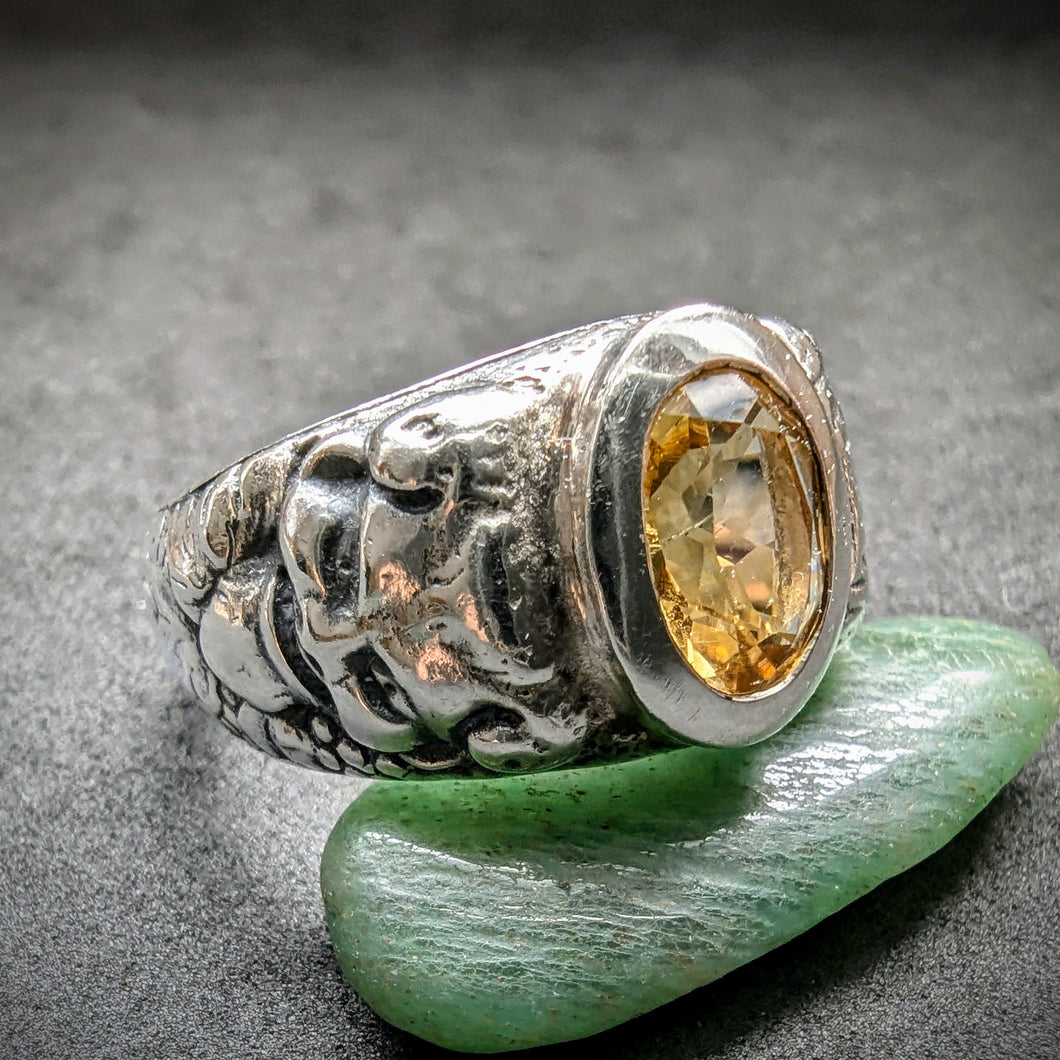 Jugendstil Ring Silber 935 Citrin Handarbeit Satyr Pan Faun alt antik c. 1910 RG 64