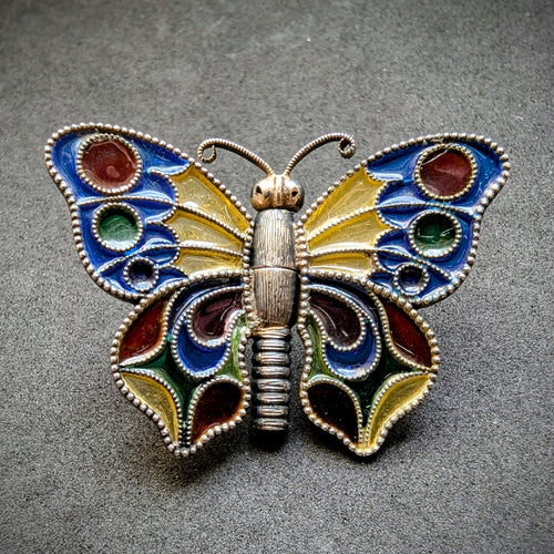 Georg Adam Scheid GAS Jugendstil Schmetterling Brosche 800 Silber Fensteremaille alt antik c. 1900