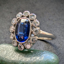 Lade das Bild in den Galerie-Viewer, Art Deco Ring 900 Platin 10% Iridium 1,6 Ct. blauer Saphir Diamant antik RG 60 S
