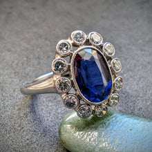 Lade das Bild in den Galerie-Viewer, Art Deco Ring 900 Platin 10% Iridium 1,6 Ct. blauer Saphir Diamant antik RG 60 S
