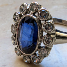 Lade das Bild in den Galerie-Viewer, Art Deco Ring 900 Platin 10% Iridium 1,6 Ct. blauer Saphir Diamant antik RG 60 S
