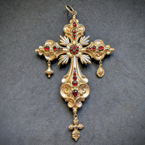 Biedermeier Kreuz Anhänger XL 14k 585 Gold Granat alt antik c. 1830