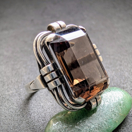 Art Deco Ring 835 Silber Rauchquarz alt antik c. 1920 RG 56 S