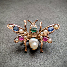 Load image into Gallery viewer, Insect fly brooch 333 gold ruby sapphire emerald baroque pearl antique c. 1900 S
