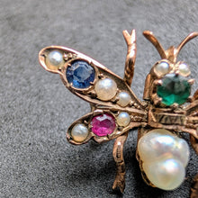 Load image into Gallery viewer, Insect fly brooch 333 gold ruby sapphire emerald baroque pearl antique c. 1900 S
