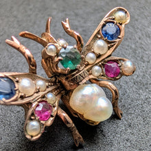 Load image into Gallery viewer, Insect fly brooch 333 gold ruby sapphire emerald baroque pearl antique c. 1900 S
