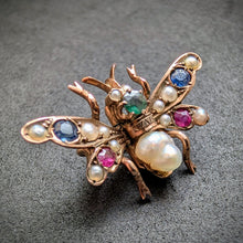 Load image into Gallery viewer, Insect fly brooch 333 gold ruby sapphire emerald baroque pearl antique c. 1900 S
