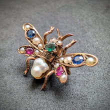 Load image into Gallery viewer, Insect fly brooch 333 gold ruby sapphire emerald baroque pearl antique c. 1900 S
