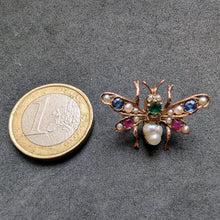 Load image into Gallery viewer, Insect fly brooch 333 gold ruby sapphire emerald baroque pearl antique c. 1900 S
