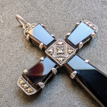 Load image into Gallery viewer, Art Deco Kreuz Anhänger min 800 Silber Onyx Markasit alt c. 1920 S
